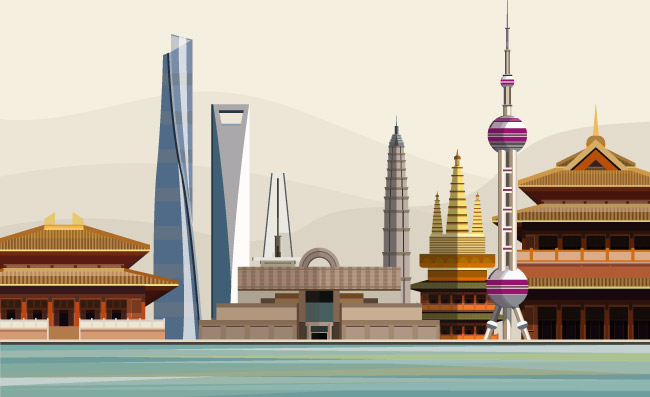 上海城市地标建筑插图矢量