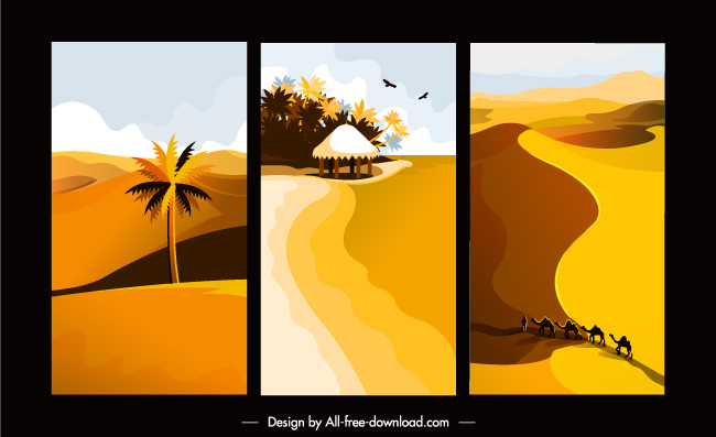 矢量沙漠骆驼队沙丘风景插图
