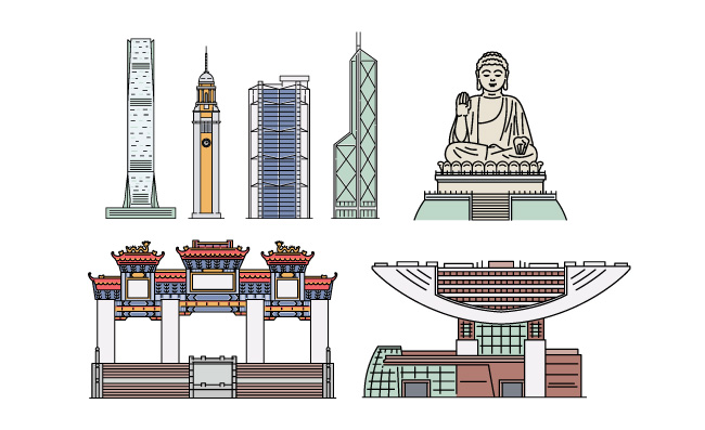 矢量香港城市手绘建筑元素图片
