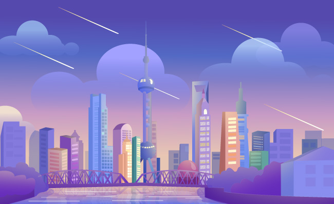 世界旅游城市夜景上海东方明珠插画