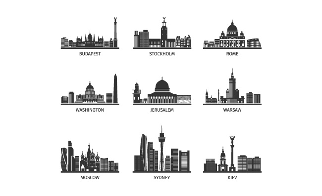 世界著名城市景观黑色剪影地标形图矢量图