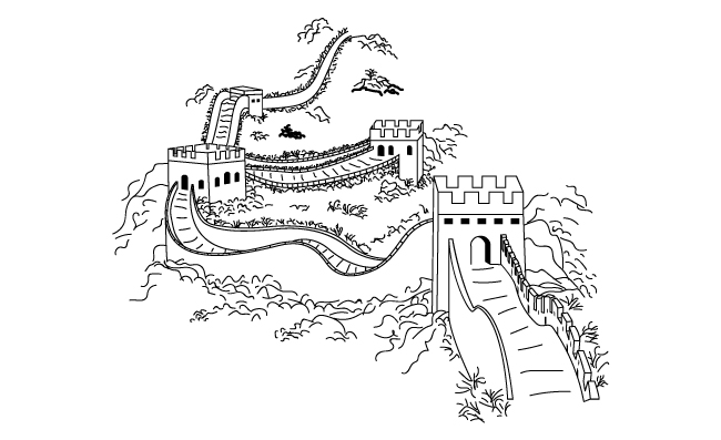 手绘线稿中国长城插画风景