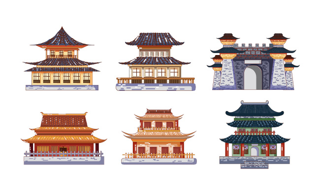 手绘中国风传统建筑城门矢量