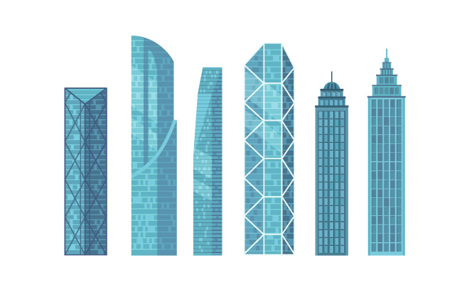 现代大都市市区建筑摩天大楼矢量插图