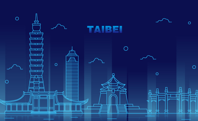 线性台北地标建筑夜光城市插画