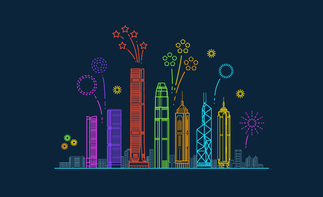 香港都市风景大厦城市彩色线性插图