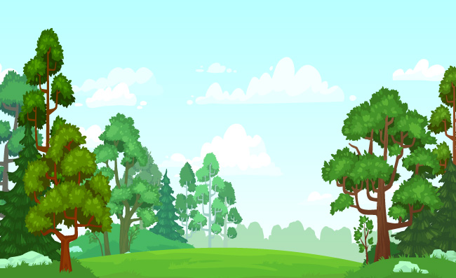 欣欣向荣的卡通森林草原景观夏天的天空云彩矢量背景图