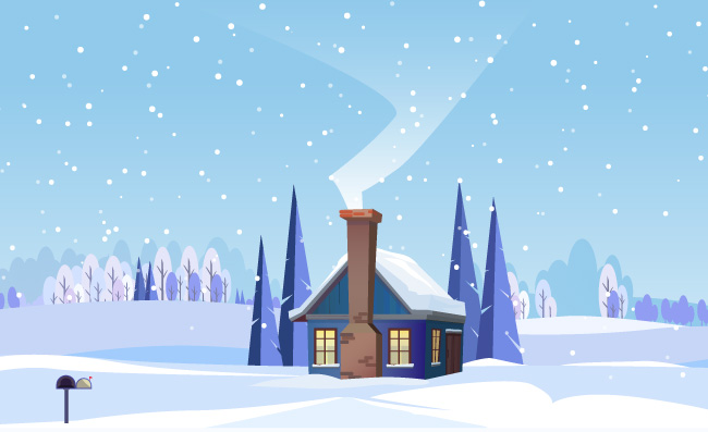 雪天冬季小屋子炊烟景观矢量素材