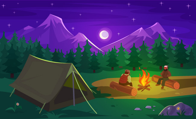 夜晚山脉森林露营帐篷篝火矢量素材
