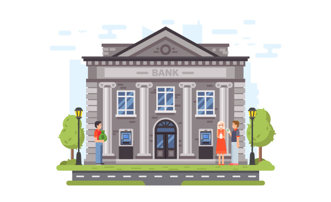 银行大楼贷款机构自动取款机政府金融机构法院矢量插图建筑