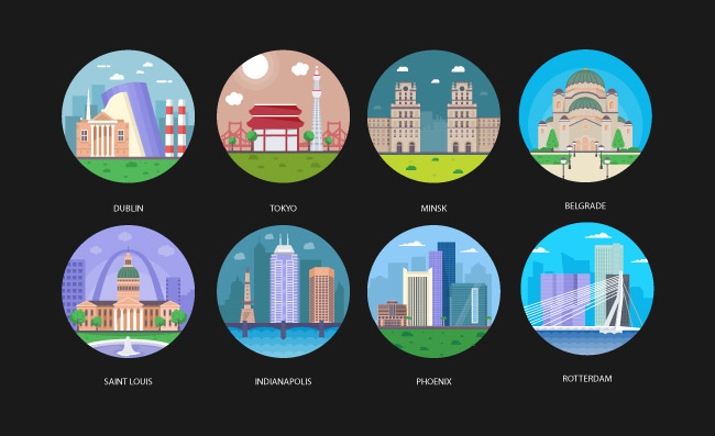 圆形旅游城市著名建筑图标矢量