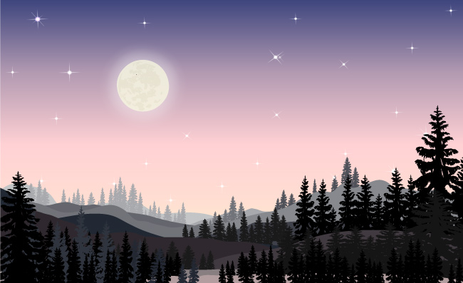 月光下的森林插画图片矢量