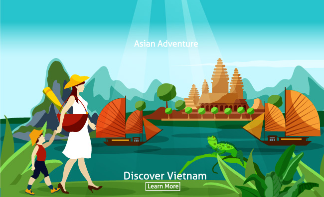 越南旅行现代亚洲建筑异国背景矢量图