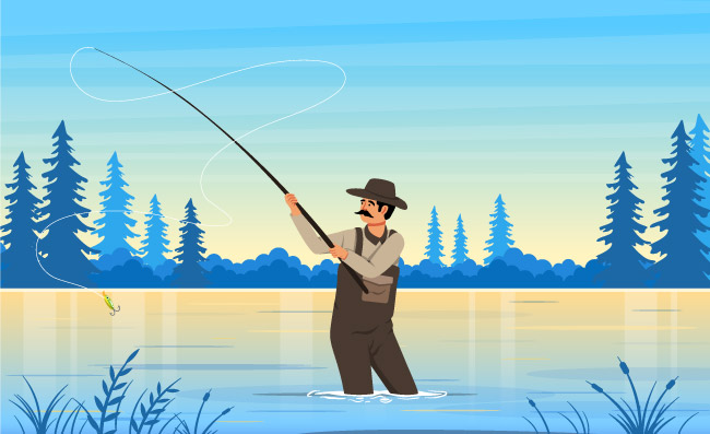 在河里钓鱼的人物风景矢量