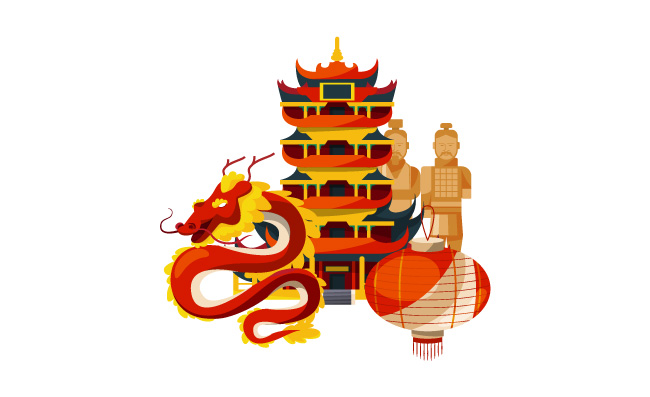 中国灯笼卡通龙中国元素和景点