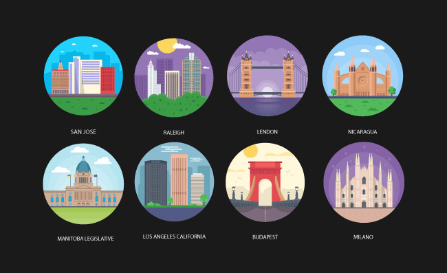 著名世界旅游城市地标建筑图标矢量