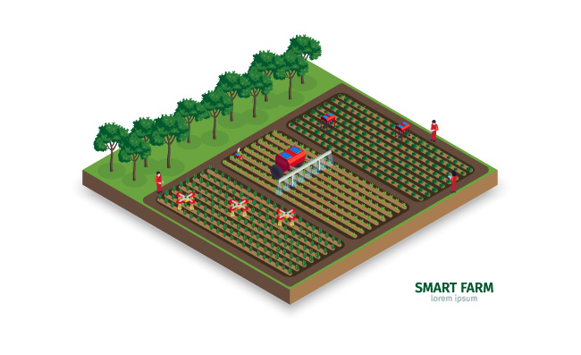 智能科技农场浇水施肥自动无人机拖拉机种植园景观矢量图
