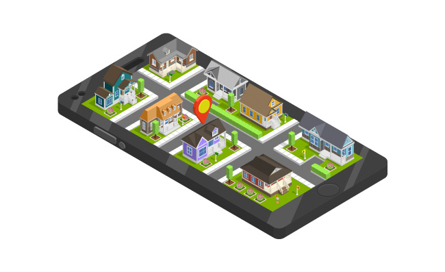 智能手机屏幕城镇建筑平房住宅房屋位置标志矢量图