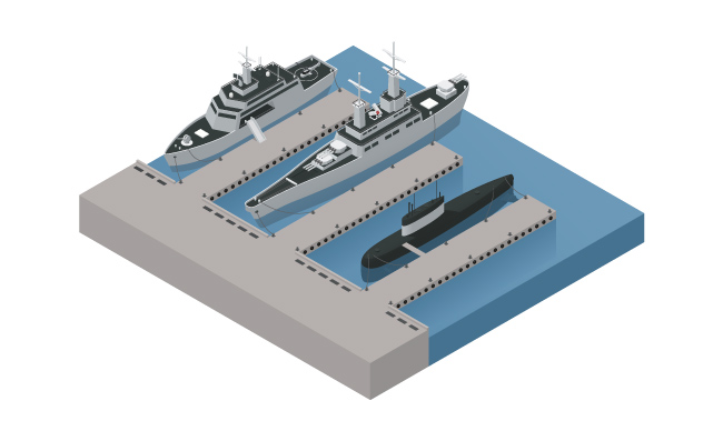 军用船3d立体船停泊在岸边矢量插图