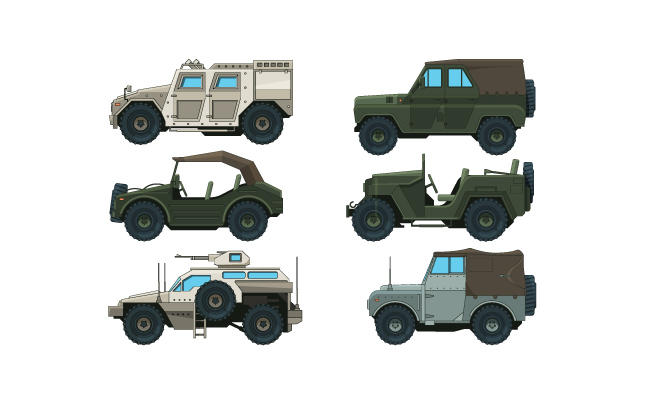 军用重型车辆彩色军车运输汽车军用重型车辆矢量