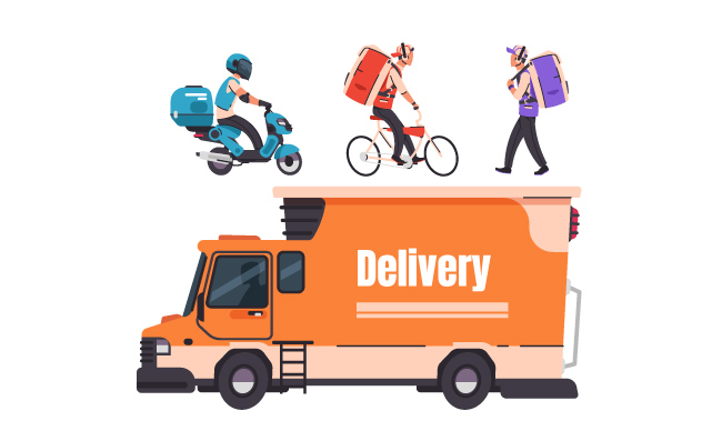 卡通快递快餐配送在线食品和货物递送服务卡通矢量