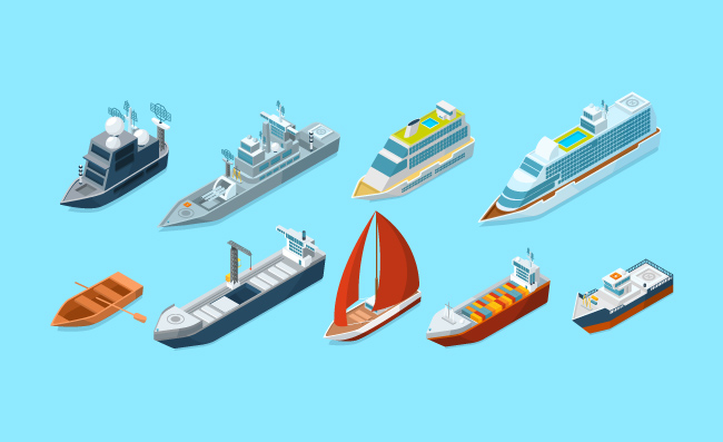 客运船舶不同的小船港口船舶海上运输游艇油轮矢量等距插图