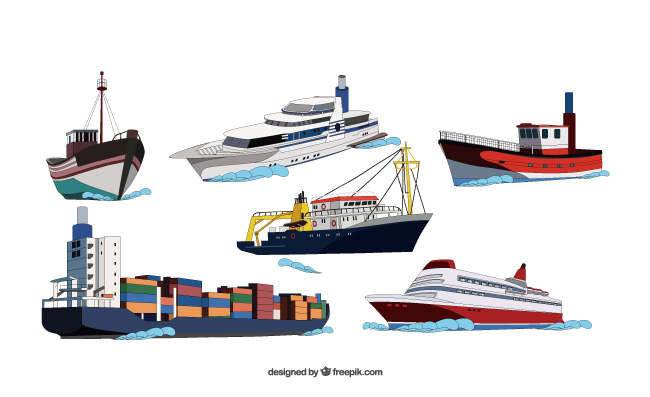 轮船卡通手绘风格游轮货船不同船只矢量