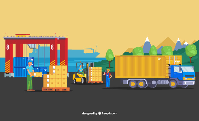 码头货物运输卡车货车叉车物流纸箱集装箱行车素材插图矢量