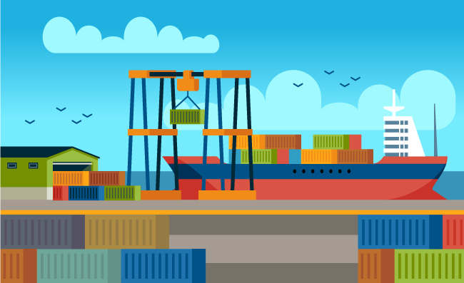 码头装货上货的运输船矢量货船海口工业集装箱海上货物运输插图