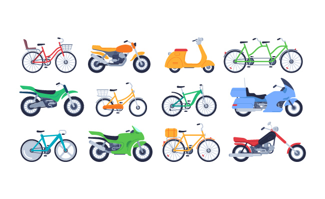 摩托车自行车踏板车不同车辆运输元素矢量