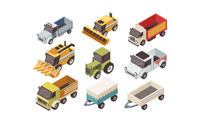 农场车辆各种类型的卡车收割机拖拉机和拖车矢量