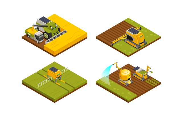 农业机器人智能科技耕犁种植浇水施肥和收割机械矢量图