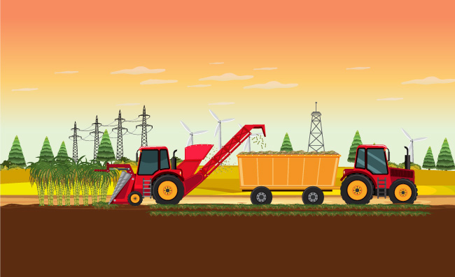 农作物机器收割农田高压线塔拖拉机甘蔗种植收成机械化插图矢量