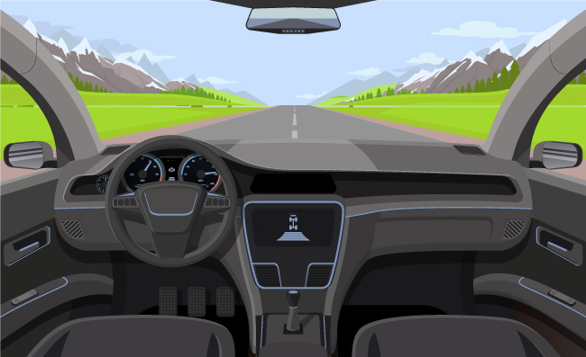 汽车内部结构汽车驾驶员视图与方向舵仪表板和道路景观在挡风玻璃上驾驶模拟器矢量图