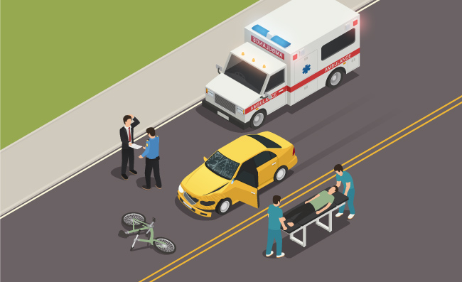 汽车撞倒自行车交通事故场面救护车矢量插图