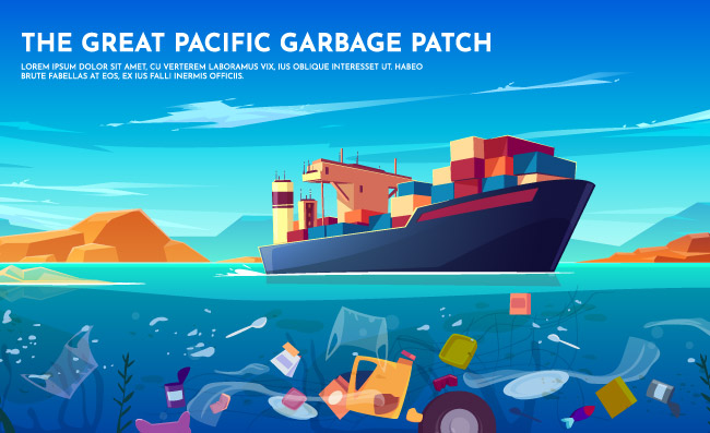 受污染的海洋垃圾航海运输船矢量插图