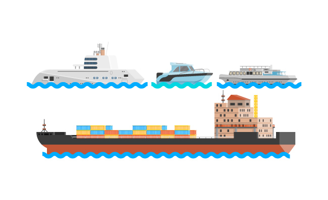 水上运输远航运输集装箱集货船巡航舰艇轮船游艇帆船矢量图