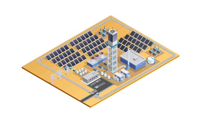太阳能站模型太阳能发电资源塔式变压器等距矢量图