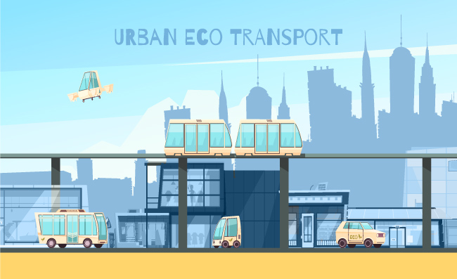 未来城市交通电动汽车绿色单轨系统无人机矢量图