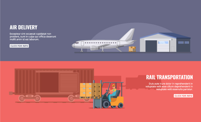物流服务货运业运输卡通铁路航空卡通风格插图矢量