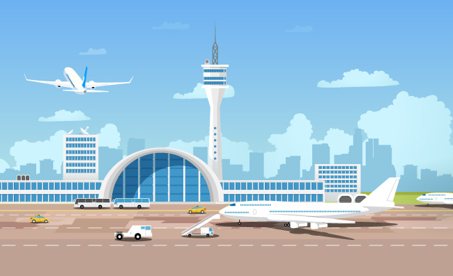 现代飞机机场航站楼卡通矢量插图