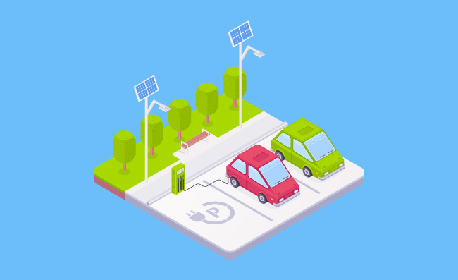 在充电站充电的电动汽车太阳能电池板发电新能源环保运输插图图片