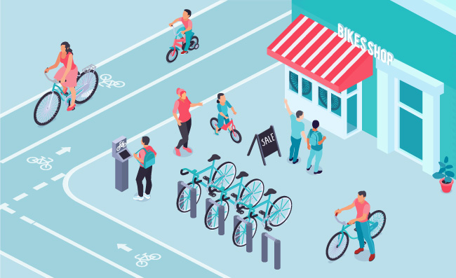 自行车商店共享单车存放自行车停放处矢量图