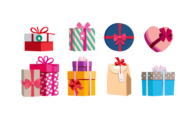 爱心形状礼盒丝带不同颜色的礼品盒生日新年礼物矢量插图集