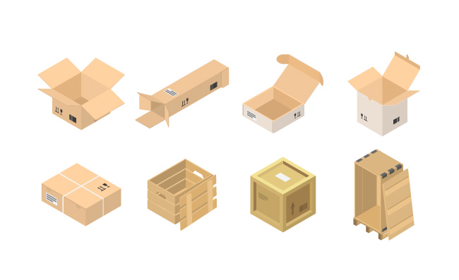 包裹包装送货箱包装盒纸箱木箱商品快递包装图标集