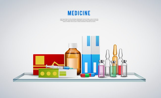 玻璃架子上医疗物资小瓶药片混合物药物制剂矢量
