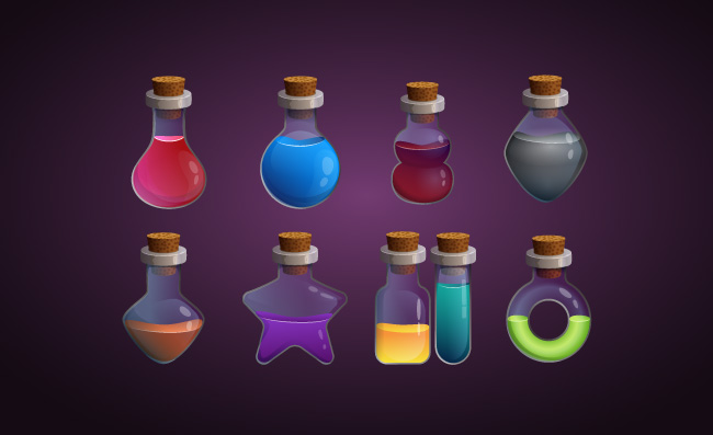 玻璃瓶不同形状与各种液体毒药游戏工具药水瓶化学魔术液体各种工具