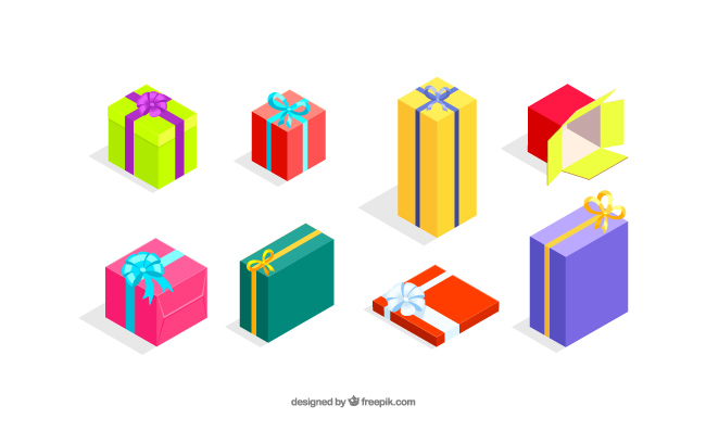 不同大小立体礼品盒套装彩色纸箱花式礼盒关闭和打开的矢量图