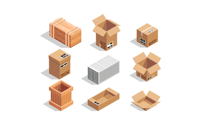 不同的大包裹仓库运输打开的盒子纸箱容器不同的快递包裹矢量插图