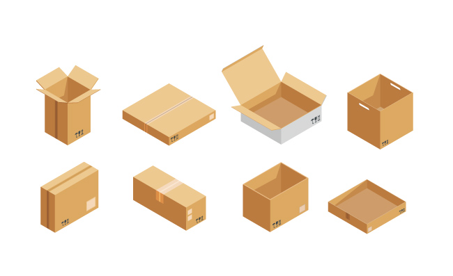 不同样式的包裹包装送货箱包装盒纸箱木箱商品快递包装图标集